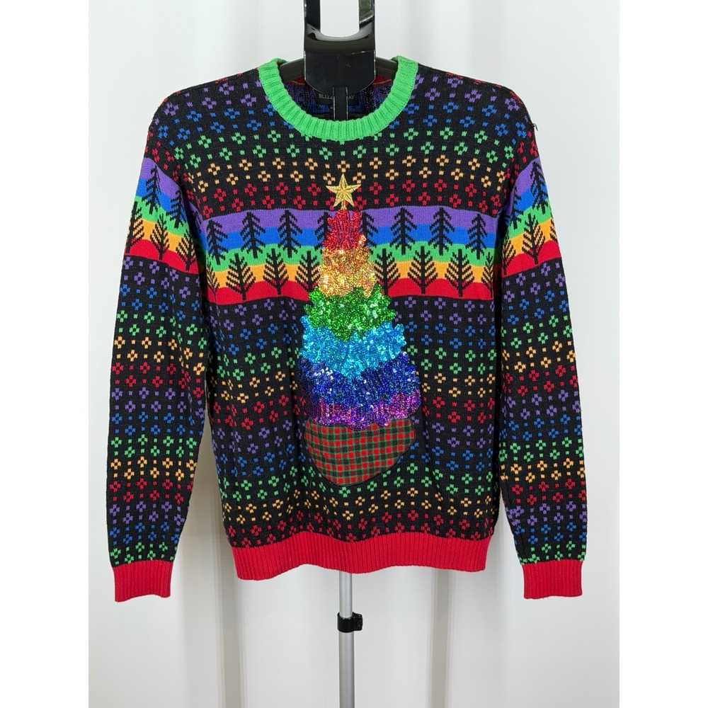 Blizzard Bay Rainbow Sequin Christmas Tree Ugly Sweater Black Fair Isle Womens S